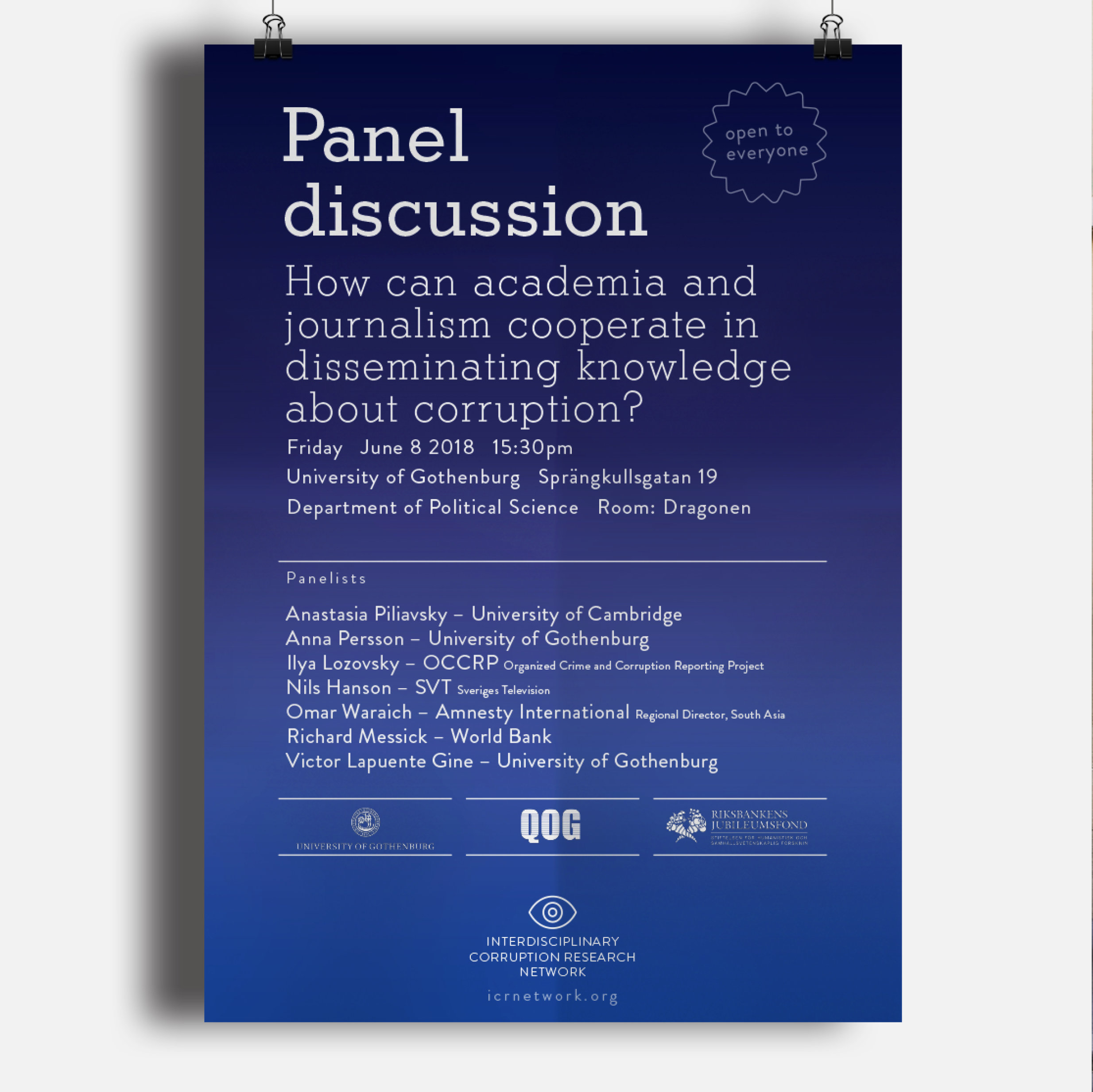 Poster for Panel Discussion of the third Interdisciplinary Corruption Research Forum in Gothenburg at June, 20218 of the ICRN - Interdisciplinary Corruption Research Network.