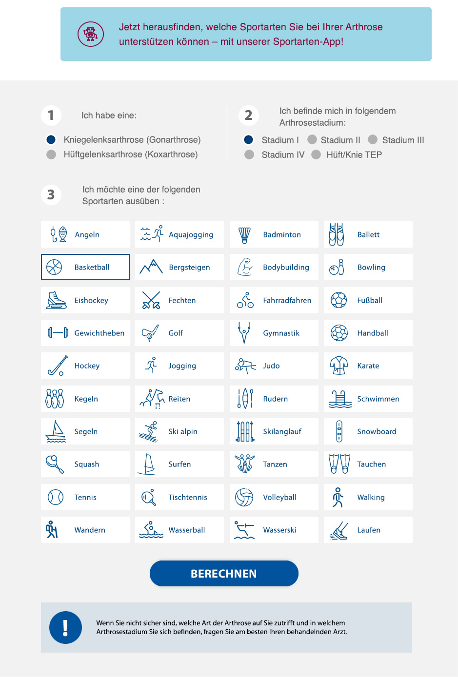 Micro-App »Sportarten bei Arthrose« für Orthomol Arthro von Lobo Design.