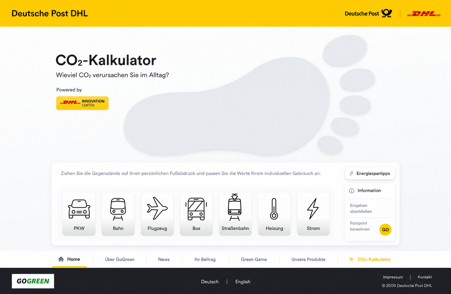 Micro-App »CO2-Kalkulator« für GoGreen von Deutsche Post DHL - eine von acht Micro-Apps zum Thema Nachhaltigkeit.